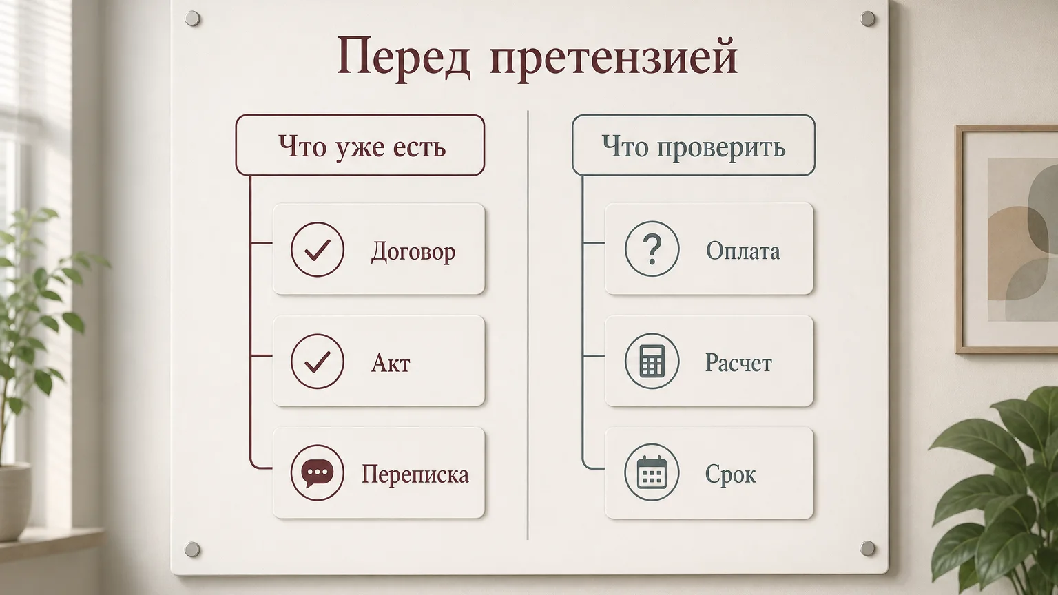 Схема подготовки к претензии по долгу контрагента: что уже есть и что нужно проверить.